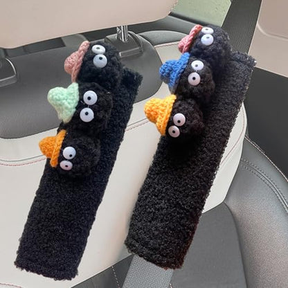 Car Headrest Pillow & Steering Wheel Cover Set with Cute Big-Eyed Black Travel Neck Support Pillow Fur Car Interior Accessory (Safty Belt Cover 2PCS) - color: Black Safty Belt Cover 2pcs