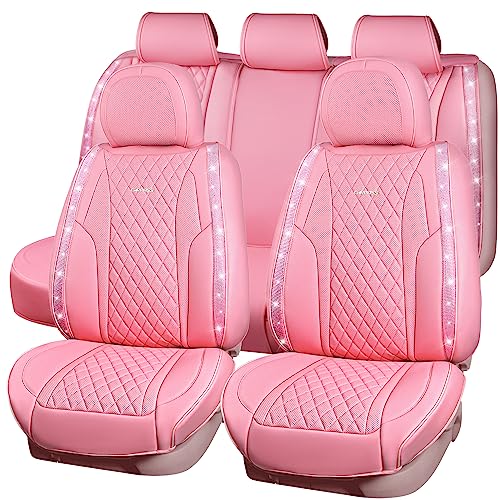 CAR PASS Pink Nappa Leather Car Seat Covers for Full Seats, Bling Diamond Waterproof Seat Protectior Universal Fit Auto SUV Sedan Truck Glitter Sparkly Shining Rhinestone for Women Girl, Pink Leather - color: Pink Diamond, size: Full Set