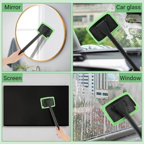 Car Windshield Cleaning Tool, Windshield Cleaner with 5 Reusable Microfiber Pads and Extendable Handle, Auto Glass Wiper Kit for Interior/Exterior Dirty Car Windows(Color:Green)