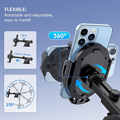Car Phone Holder Mount, [Strong Suction Cup] [Military Grade Durable] for Windshield and Dashboard, Adjustable Long Arm Compatible with iPhone 17 16 15 14 Pro Max and All Smartphones,Black