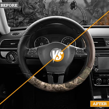 Mossy Oak Full Camo Steering Wheel Cover - Made from Premium Leather, Universal Fit for 14 1/2 to 15 inches - Official Licensed Product - Brown Color - color: BROWN