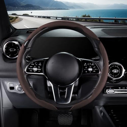 Nappa Leather Car Steering Wheel Cover for Men Women, Ultra-Thin Non-Slip Breathable Microfibre, Universal for 14.5"-15" Steering Wheel - Brown - color: Brown