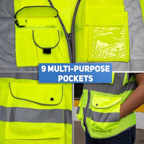 Neiko High Visibility Safety Vest ANSI Class 2, 9 Pockets - size: Large, style: Mesh