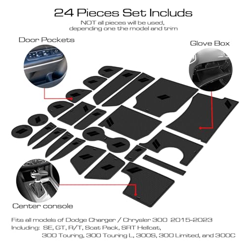 Fits Dodge Charger Accessories 2015-2023, Cup Holder Insert Center Console Shifter Liner Trim Interior Door Pocket Mats (24pcs Set, Black Trim) - color: Black