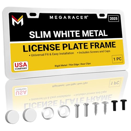 Premium Slim Gloss White License Plate Frame – 1 Piece, Rust-Free & Rattle-Free Stainless Steel, Street Legal, Universal with Screw Caps, Thin Edged Metal Front or Rear Car Tag Holder for Men & Women - color: White, size: 1 Piece