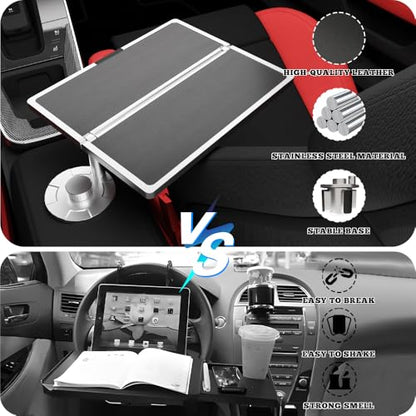 Flodable Car Desk Tray for Laptop, 360° Rotating Leather Cup Holder Table, Car Tray laptop Desk Replace Steering Wheel tray, for Tesla Model Y/3/S, Ford F150 Car Accessries for Men Women