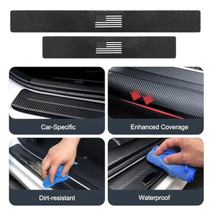 4 PCS Car Door Sill Protector, Carbon Fiber American Flag Threshold Guard Strip, Anti-Scratch & Waterproof Car Door Edge Protection Decals, Universal for Most Sedans, Trucks, SUVs (Black)
