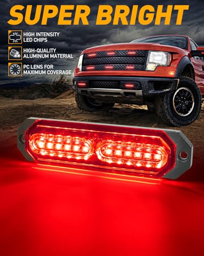 HLauto 1200T Emergency Strobe Grille Lights: 8pcs 12 LED Sync Feature Safety Warning Flashing Lights, Ultra Slim Surface Mount Hazard Caution Lights for Trucks, Vehicles, Car, ATV, UTV (Red) - color: Red