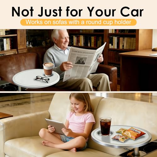 Car Food Tray & Car Table Tray with Car-Grade Aluminum Cup Holder & Phone Stand, Premium Wood with Leather Surface, 360° Rotating Car Desk for Laptop &Eating (Round, White) - color: 𝗥𝗼𝘂𝗻𝗱 · White