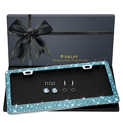 Bling License Plate Frame for Women, 1PCS Sparkly License Plate Frames| Over 1200 pcs 14 Facets Bedazzled Clear Glass Diamond Rhinestone Crystals w/Free Glitter Diamond Box (Blue) - color: Blue