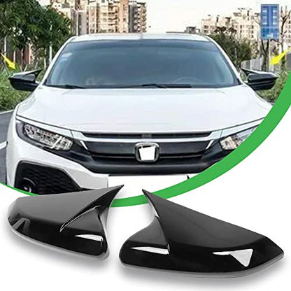 2PCS Door Side Mirror Covers Cow Horn Compatible with Honda Civic 2016-2021 10th Generation Sedan Coupe Hatchback Exterior Rear View Mirror Housing (Gloss Black) - size: Gloss Black