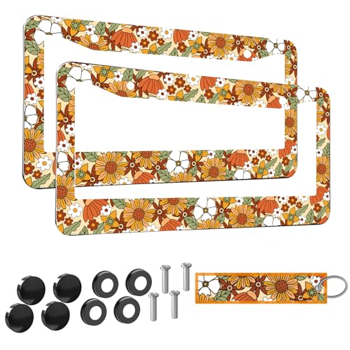 2pcs Retro Sunflower and Wild Flowers Floral License Plate Frame for Women, Inspirational Vintage Sunflower Floral car Decorative tag Frames Girly, Cottage Daisy Boho theam License Plate Cover Holder - color: for Retro sunflower and Wild flowers