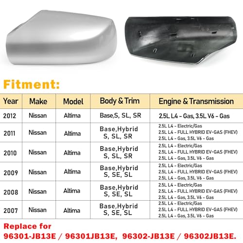 Moonlinks 1Pair Compatible with 2007 2008 2009 2010 2011 2012 Nissan Altima 2.5L Mirror Cover Replacement, Silver Left Driver Side & Right Passenger Side Door Rearview Side Clip-on Mirror Cap (Silver) - color: Pair Silver