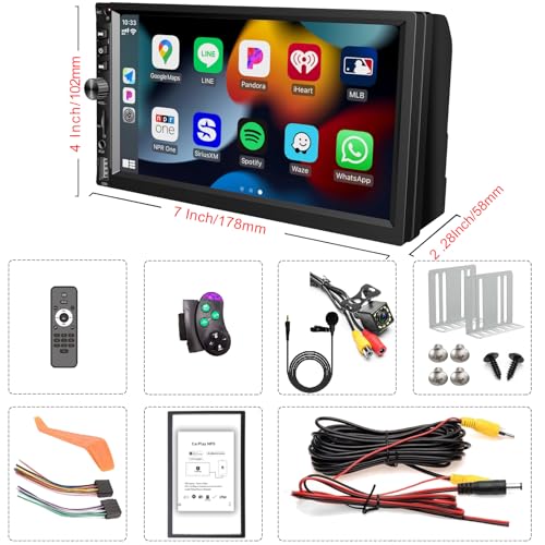 Wireless Double Din Car Stereo Works with Apple Carplay,7 Inch HD 1024 * 600 Touchscreen with Bluetooth 5.1,FM Car Radio,GPS Navigation,Backup Camera,Android Auto,Voice Control,USB/AUX/TF/SWC