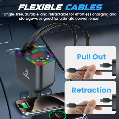 Bluetooth 5.3 Car FM Transmitter with 120W Max Power, Retractable Cables (80cm), Digital Display, Hands-Free Calling, Noise Canceling, and Dual Device Charging