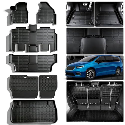 Floor Mats for 2017-2025 2026 Chrysler Pacifica Gas Touring Version Fit 7&8 Passenger Model (Non Hybrid & Pinnacle) & Trunk Mat & Backrest Mat,TPE All Weather Protection Car Mats Full Set - size: 2017-2026 Pacifica Full Set Mat (Non Hybrid)