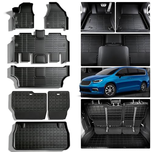 Floor Mats for 2017-2025 2026 Chrysler Pacifica Gas Touring Version Fit 7&8 Passenger Model (Non Hybrid & Pinnacle) & Trunk Mat & Backrest Mat,TPE All Weather Protection Car Mats Full Set - size: 2017-2026 Pacifica Full Set Mat (Non Hybrid)