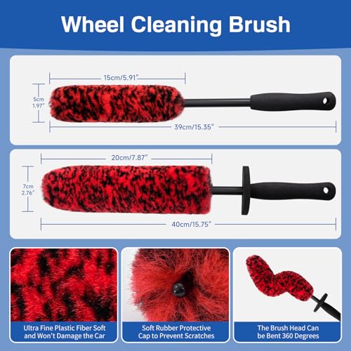 4 Pack Car Wheel and Tire Cleaner Brushes Kit Auto Motorcycle Rim Hub Ultra Soft Microfiber No Spatter Bendable Woolies Bristle Cleaning Set - color: Red & Black