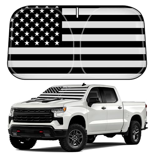 D-Lumina Windshield Sun Shade for 2019-2025 Chevy Silverado 1500 Accessories, Front Window Sunshade American Flag Sun Visor Protector Sun Shield Block UV Rays Heat, Foldable 2 Layers 210T Material - size: Silver & Black-Fit 2019-2025 Chevy Silverado 1500