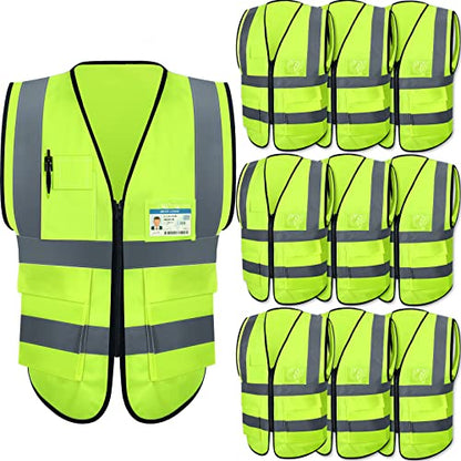 10 Pcs Reflective Safety Vest with Pockets and Zipper High Visibility Vest for Women Men Work, Construction, Cycling - size: X-Large