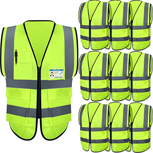 10 Pcs Reflective Safety Vest with Pockets and Zipper High Visibility Vest for Women Men Work, Construction, Cycling - size: X-Large