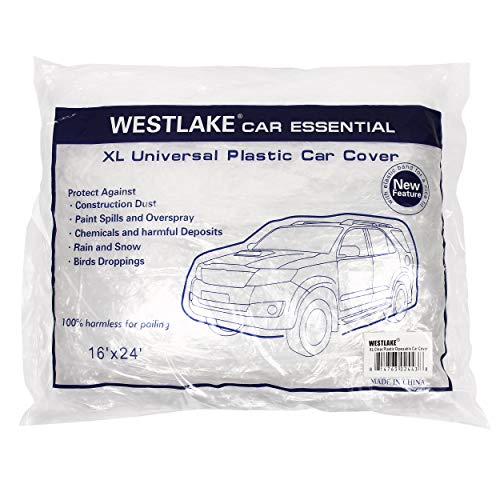West Lake Car Essential Universal Disposable Clear Plastic Car Cover Suitable for SUV Sedan Mini Van, 24 Feet by 16 Feet Extra Large Size with Elastic Band
