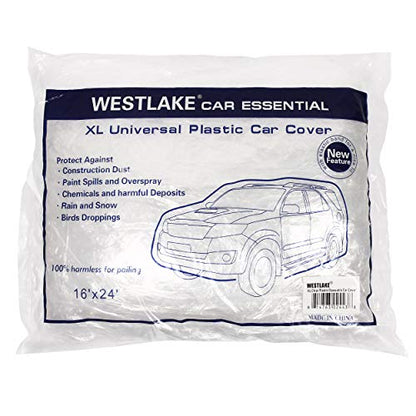 West Lake Car Essential Universal Disposable Clear Plastic Car Cover Suitable for SUV Sedan Mini Van, 24 Feet by 16 Feet Extra Large Size with Elastic Band