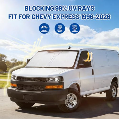 for Chevy Express 1996-2026 Front Windshield & Side Window Covers, Foldable 3-Piece Window Shades Set, Custom Fit Sunshade Visor for UV Rays & Heat Block, Cargo Van Accessories - size: Fit for Chevy Express 1996-2026