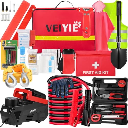 Roadside car Emergency kit, 12PCS Emergency Car Kits for Vehicles with Jumper Cables, Portable Air Compressor, Tow Strap, Survival kit, Emergency Supplies for Women,Man, New Driver Gifts - color: Red, size: Essential Kit+Repair Tool+Tire Inflator