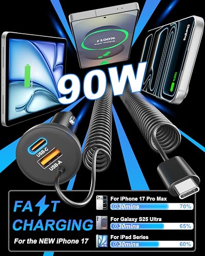iPhone 17e 17 16 15 Pro Max Car Charger Fast Charging, 3-Port 90W Fast USB C Car Charger Adapter Cigarette Lighter with 4FT Coiled USB C Cable for iPhone 17e/17/17 Pro Max/Air/16/15 Pro/Plus, iPad