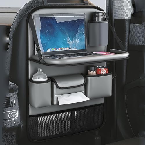 2 Pack Leather Car Backseat Organizer with Foldable Table Tray, Car Storage Organizer with Tablet Holder, Car Seat Back Protectors Kick MatsTravel Accessories - color: gray
