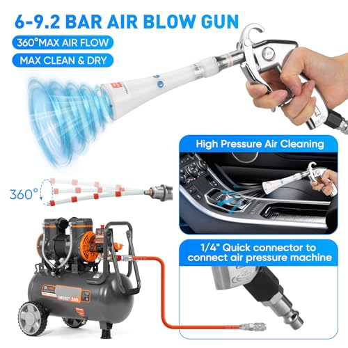 MYPIN Aluminium Car Cleaning Gun with Tapered Nozzle, 6-9.2Bar with 2 Set Nozzle, Pressure Air Blower Blow Gun Producing Powerful Blast of Air for Cleaning Cars, Velvet, Furniture and Carpets - color: White
