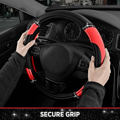 Road Comforts Leather Steering Wheel Cover - Made with PVC Leather - Anti-Slip, Universal Fit 14 1/2 inches to 15 inches - Red - color: Red