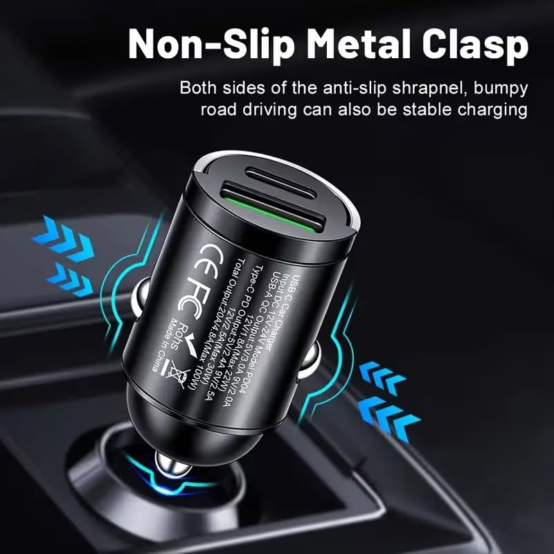 66W Car Fast Charger Dual USB-A USB-C Mini Metal Ring Design Stable Power Protection for Smartphones GPS Tachographs, Black - color: Black