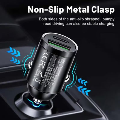 66W Car Fast Charger Dual USB-A USB-C Mini Metal Ring Design Stable Power Protection for Smartphones GPS Tachographs, Black - color: Black