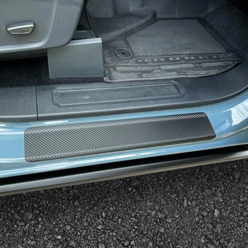 LEXLEY For Ford 2021-2026 Bronco Carbon Fiber Style Leather Door Sill Scuff Plate Cover 4PCS-With SLIVER "BRONCO" LOGO - size: With "BRONCO" LOGO For Bronco