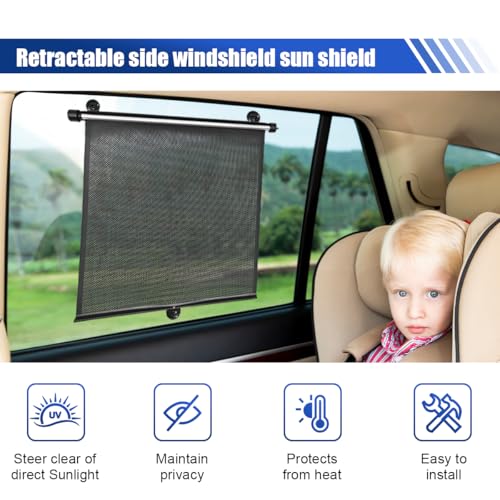 2PCS Car Side Window Sun Shade for Baby/Kids- 18"×14" Retractable Roller Car Window Shade with Suction Cups - Blocks Heat and UV Rays Glare Protection- Baby Travel Accessories for Cars (Black) - color: Black