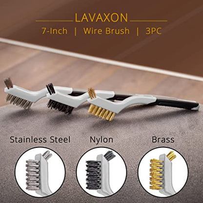 Lavaxon Wire Brush Set 3Pcs - Nylon/Brass/Stainless Steel Bristles with Curved Handle Grip for Rust, Dirt & Paint Scrubbing with Deep Cleaning – 7 Inches (Grey) - color: Gray