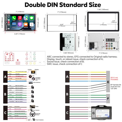 [QLED Screen Upgrade] 7" Double Din Car Stereo with Wireless Apple CarPlay and Android Auto, 240W Powerful Sound, 4.2-Channel Audio Output, Bluetooth, MirrorLink, Backup Camera, AM/FM Car Radio