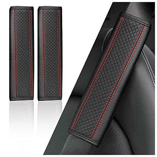2PCS Car Seat Belt Cover Pad,Breathable Leather Seatbelt Covers for Shoulder Protection and Car Decorations,Universal Seatbelt Cushion Adding Car Seat Strap Pads Car Accessories Interior (Black/Red) - color: Black/Red