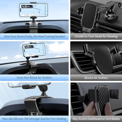Multifunctional Car Dashboard Mobile Phone Holder, 360 Degree Rotation Universal Dash Clip Cellphone Mount for 4-7 inch Smartphones (Black)
