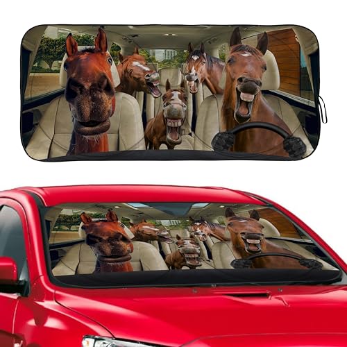 Funny Horse Family Windshield Sunshade for Car SUV Truck Foldable Uv Ray Reflector Front Window Sun Shade Visor Shield Cover -59" X 31" - color: Horse