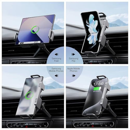Famous Tech Shop Wireless Car Charger Mount 15W Fast Charging Phone Holder with Auto Rotation, Dual Mount Dashboard and Windshield Car Phone Holder for iPhone and Android
