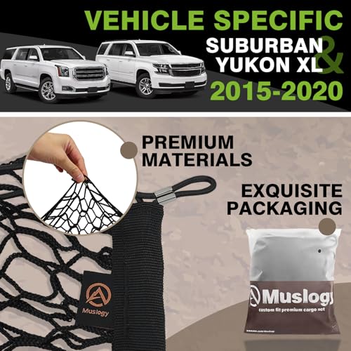 Muslogy Truck Bed Cargo Net Trunk Netting Compatible with 2015-2020 Chevy Suburban | GMC Yukon XL Accessories, Pickup Cargo Organizer SUV Sedan Storage Net w/Heavy Duty Carabiners - style: 2015-2020 Suburban & Yukon XL