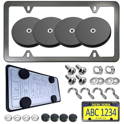 BGGTMO Magnetic License Plate Holder, 4 Pack Strong Neodymium Magnet Mount with Rubber Coating, with Black Aluminum Frame Screws for Metal Car Bumper, for Dealer No Drill Temporary Plate