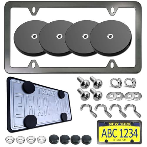 BGGTMO Magnetic License Plate Holder, 4 Pack Strong Neodymium Magnet Mount with Rubber Coating, with Black Aluminum Frame Screws for Metal Car Bumper, for Dealer No Drill Temporary Plate