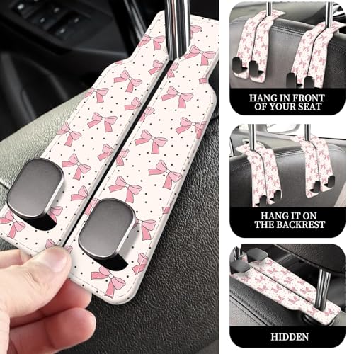 PU Leather Car Seat Hook, Storage Headrest Hanger, Cute Car Backseat Organizer, Car Hooks For Purses and Bags Pink Bow Pattern - color: Pink Bow Pattern