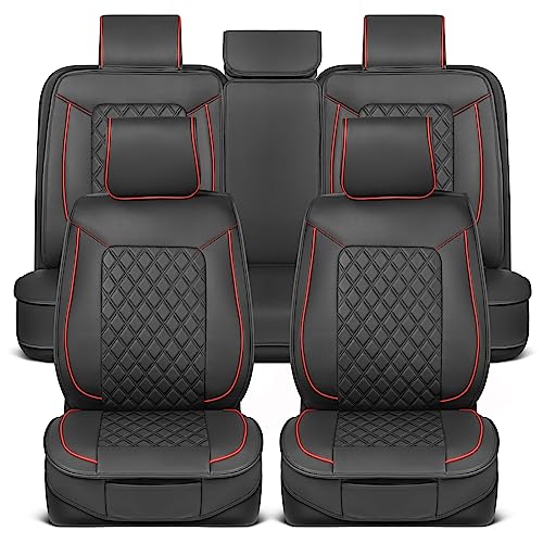 MotorBox Prestige Faux Leather Seat Covers Full Set' Semi-Universal Fit for Cars, Trucks & SUVs - Napa Style 2 Front Seat Covers + Rear Bench' Durable Interior Protector, Easy Install - color: Black, Red, size: Full Set