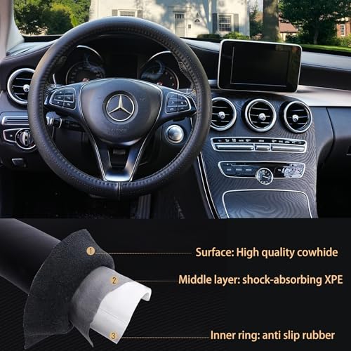 Black Genuine Leather Car Steering Wheel Cover Men Women,Cowhide Wheel Cover,Soft,Breathable,Anti-Slip,Luxury Steering Wheel Cover,Universal Standard Size 14.5-15 inch(M) - size: Standard size[14 1/2''-15'']