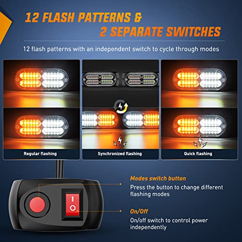 Nilight 4PCS LED Strobe lights 12V Sync Feature Amber White 24LED Emergency Hazard Warning Lights with Controller Hard Wire or Cigarette Lighter Plug for Car Truck RVs Campers - color: Amber White w/Controller